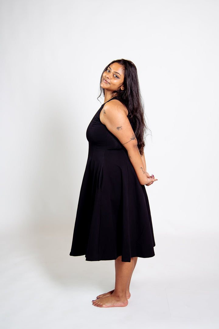 Asri Dress Iza Neck Midi Petite in Black - Manners London