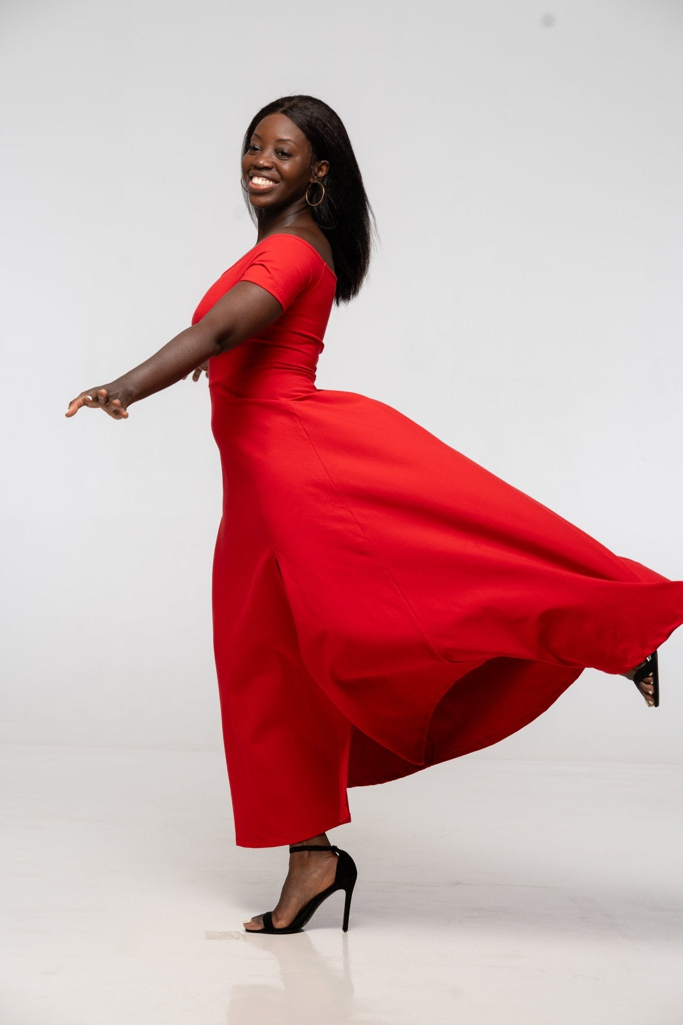 Bardot Midi A-Line Dress in Pomegranate Red Bardot Midi A-Line Dress in Pomegranate Red