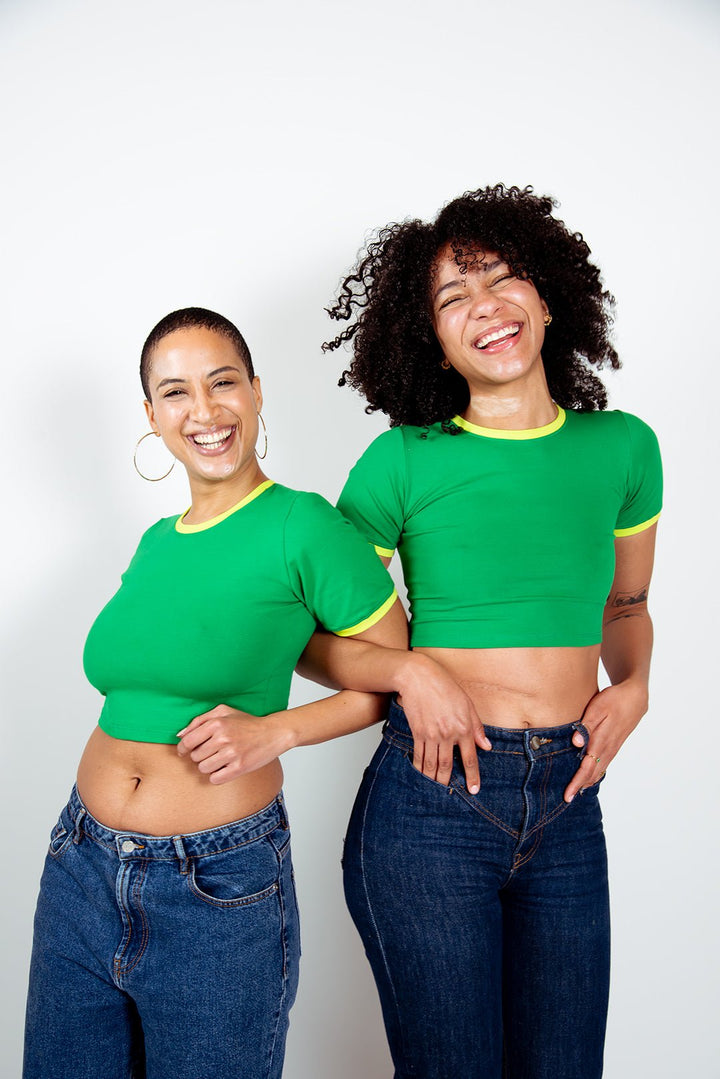 Crew neck Crop T-shirt in Grass Green/Lime Green edging - Manners London