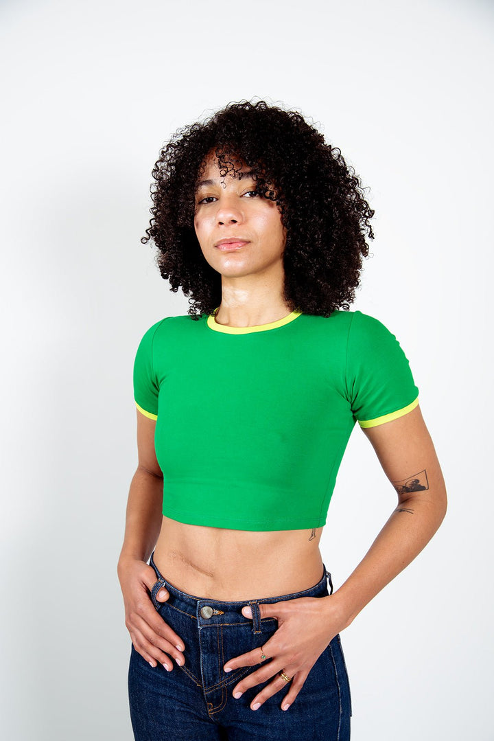 Crew neck Crop T-shirt in Grass Green/Lime Green edging - Manners London
