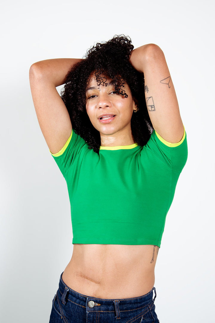 Crew neck Crop T-shirt in Grass Green/Lime Green edging - Manners London