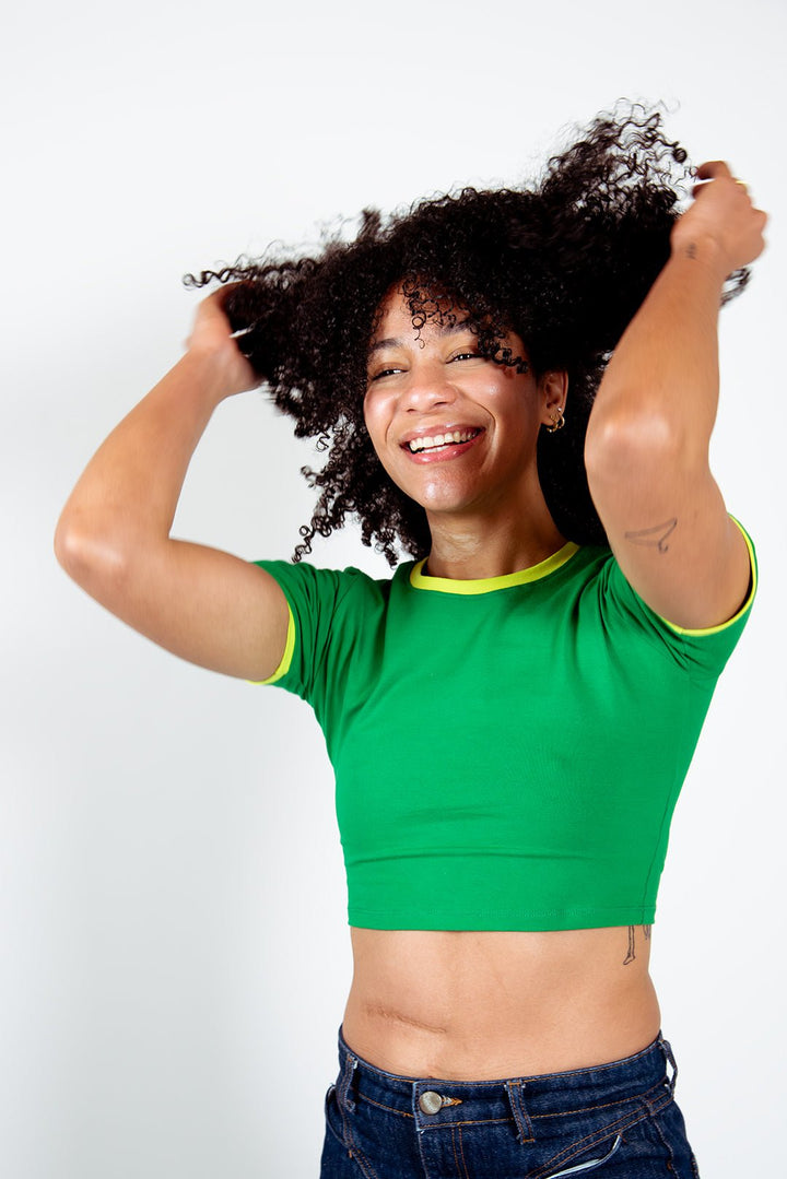 Crew neck Crop T-shirt in Grass Green/Lime Green edging - Manners London