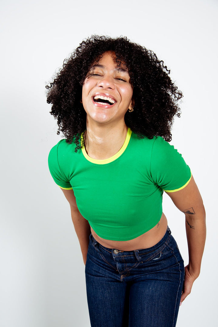 Crew neck Crop T-shirt in Grass Green/Lime Green edging - Manners London