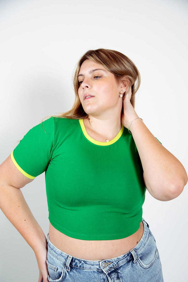 Crew neck Crop T-shirt in Grass Green/Lime Green edging - Manners London