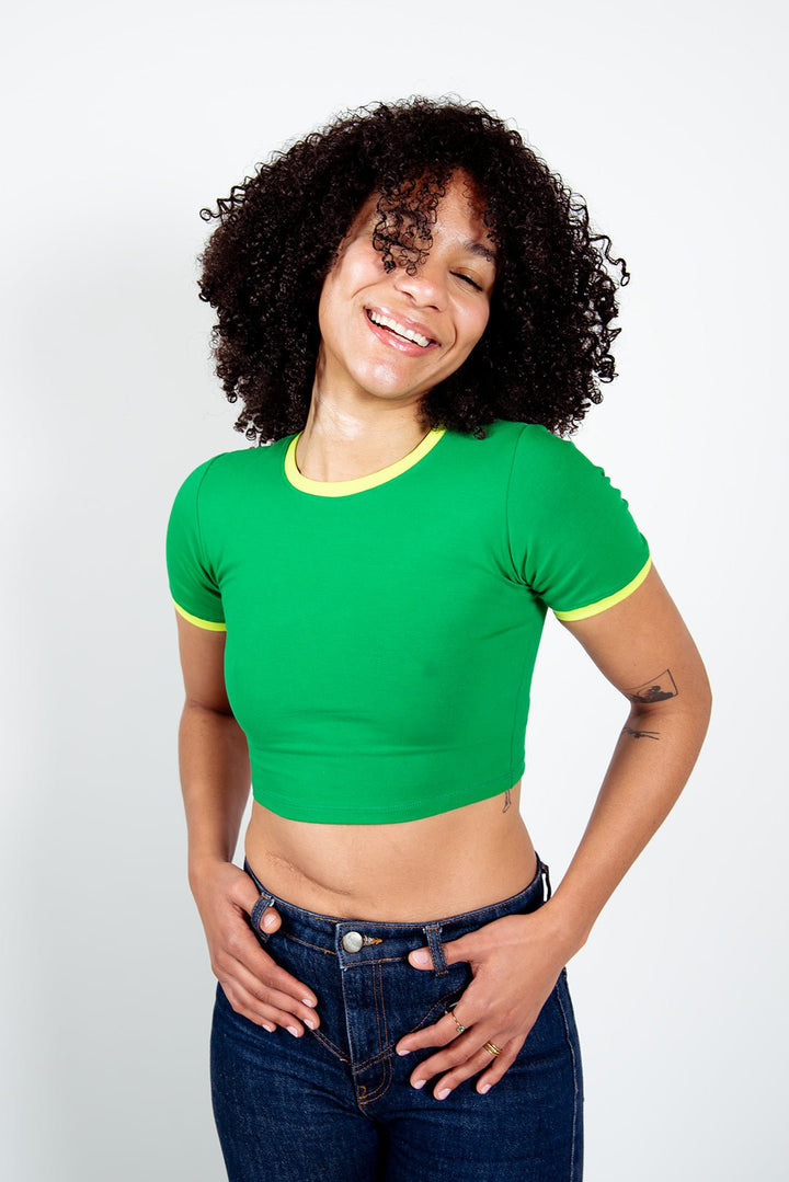Crew neck Crop T-shirt in Grass Green/Lime Green edging - Manners London