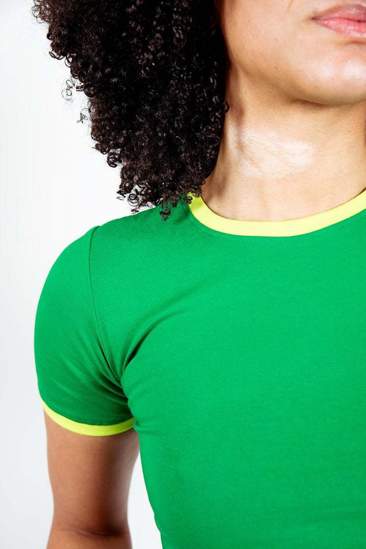 Crew neck Crop T-shirt in Grass Green/Lime Green edging - Manners London