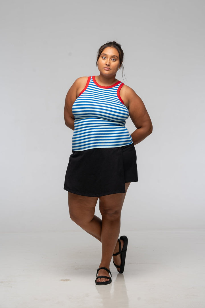 Iva Top Full Length in Blue Mint Stripe / Red - Manners London