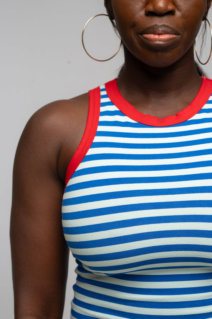 Iva Top Full Length in Blue Mint Stripe / Red - Manners London