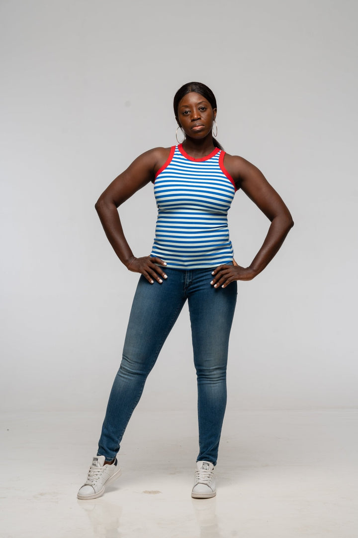 Iva Top Full Length in Blue Mint Stripe / Red - Manners London