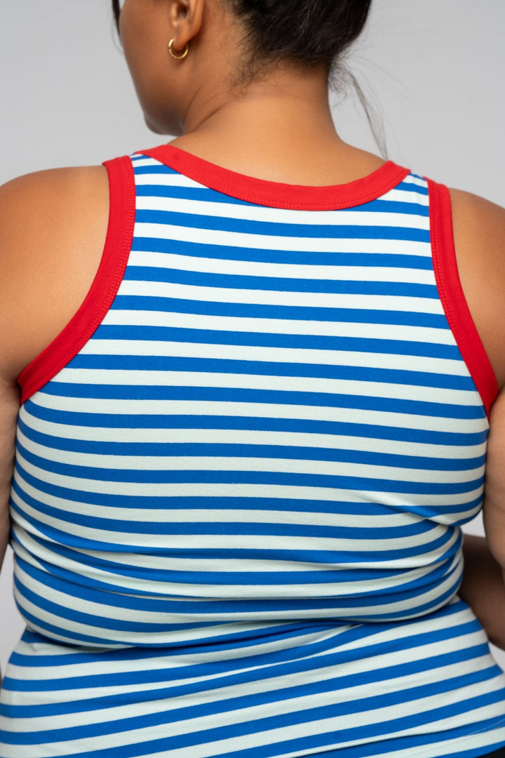 Iva Top Full Length in Blue Mint Stripe / Red - Manners London