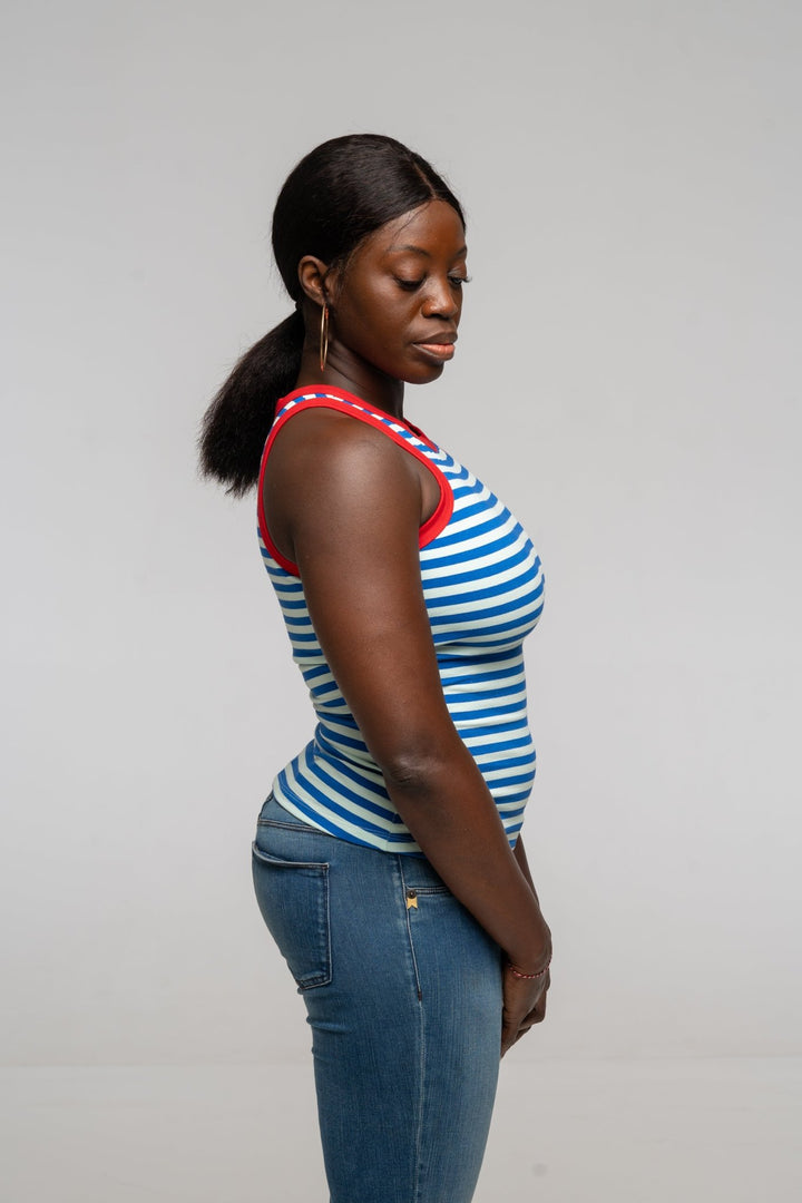 Iva Top Full Length in Blue Mint Stripe / Red - Manners London