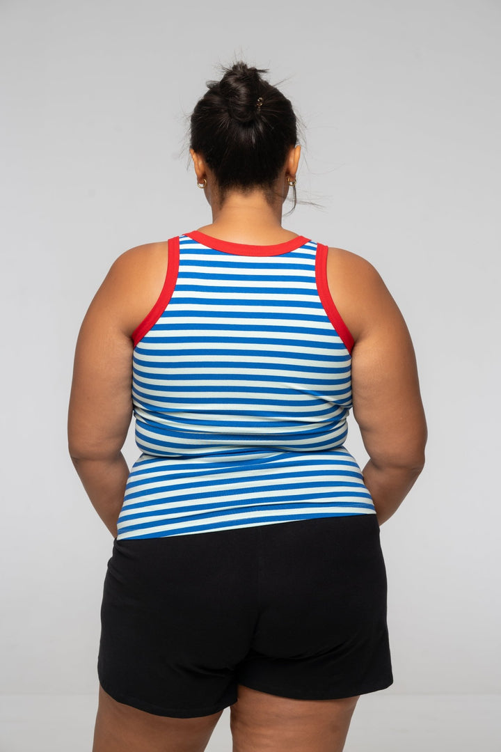 Iva Top Full Length in Blue Mint Stripe / Red - Manners London