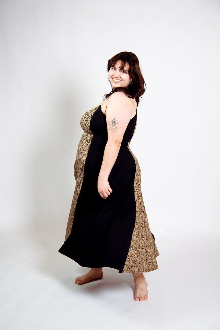 Kala Dress Midi Petite in panel Black/Classic Leopard - Manners London