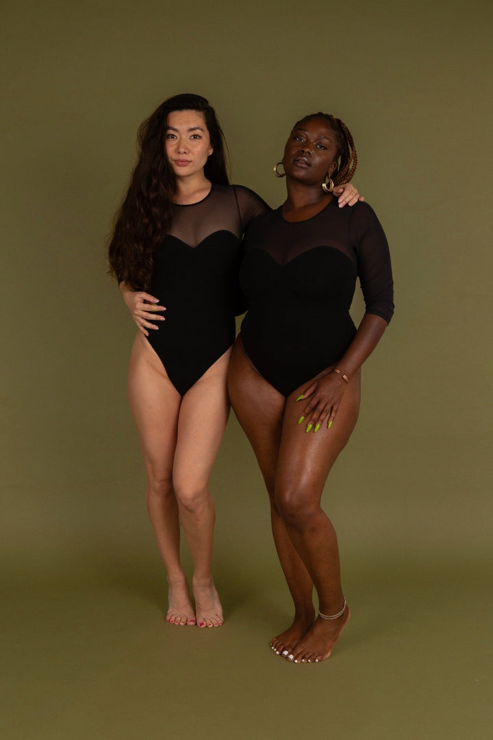 Kupu Bodysuit 3/4 Sleeved and Mesh in Black - Manners London