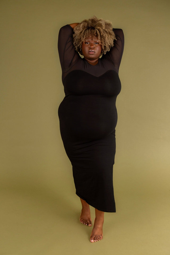 Kupu Long Sleeved Midi Dress in Black and Mesh - Manners London