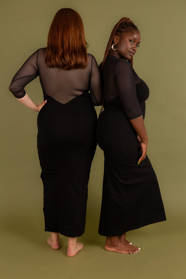 Kupu Long Sleeved Midi Dress in Black and Mesh - Manners London