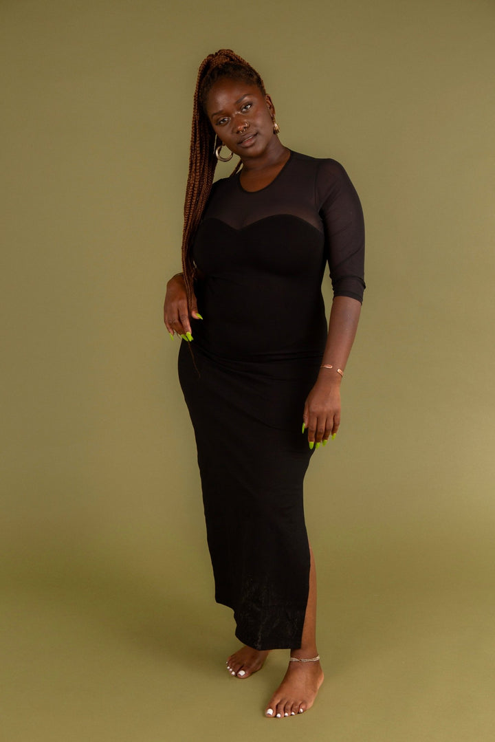 Kupu Long Sleeved Midi Dress in Black and Mesh - Manners London