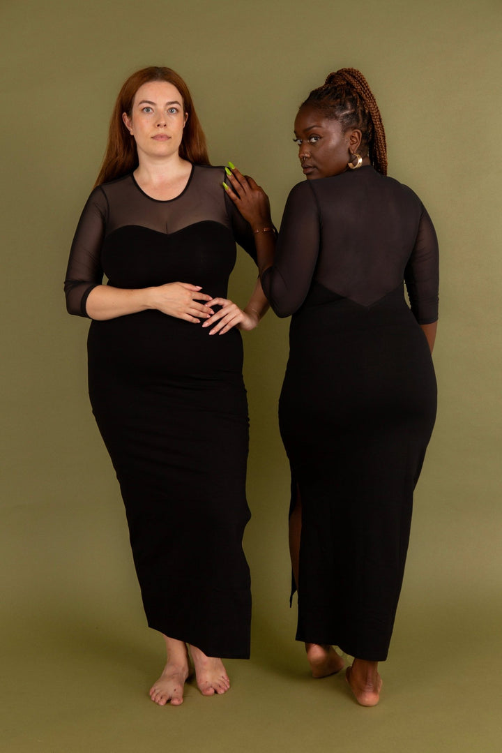 Kupu Long Sleeved Midi Dress in Black and Mesh - Manners London