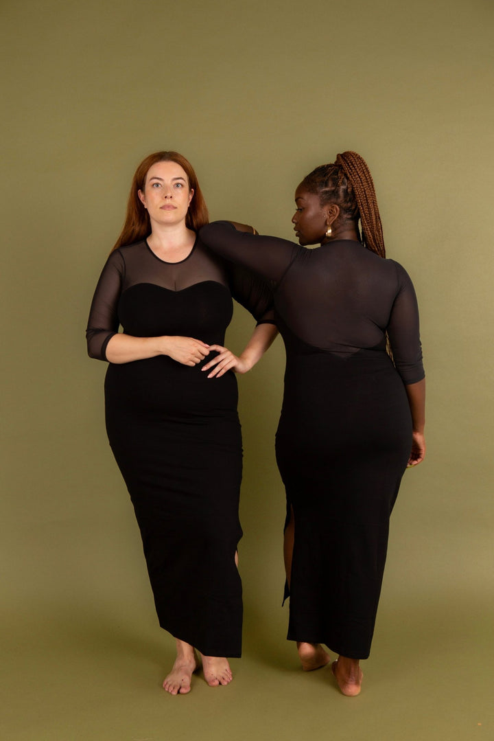Kupu Long Sleeved Midi Dress in Black and Mesh - Manners London