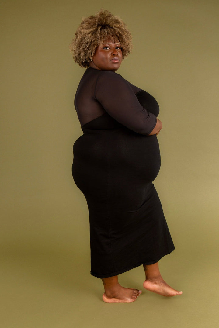 Kupu Long Sleeved Midi Dress in Black and Mesh - Manners London
