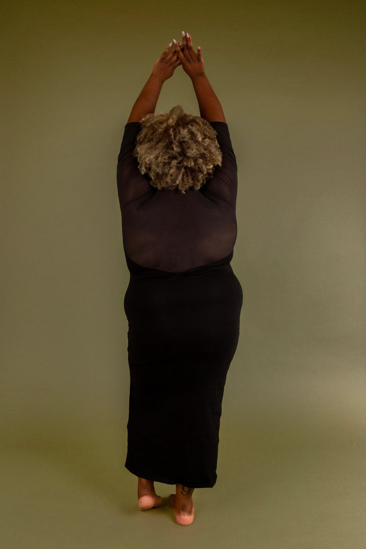 Kupu Long Sleeved Midi Dress in Black and Mesh - Manners London