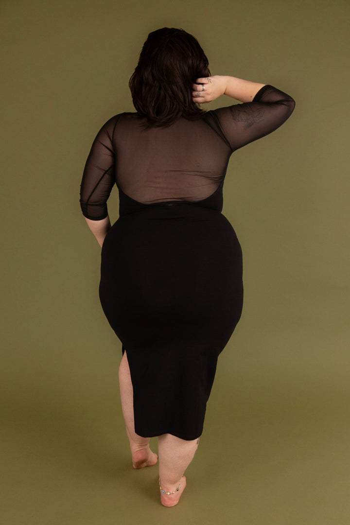 Kupu Long Sleeved Midi Dress in Black and Mesh - Petite - Manners London