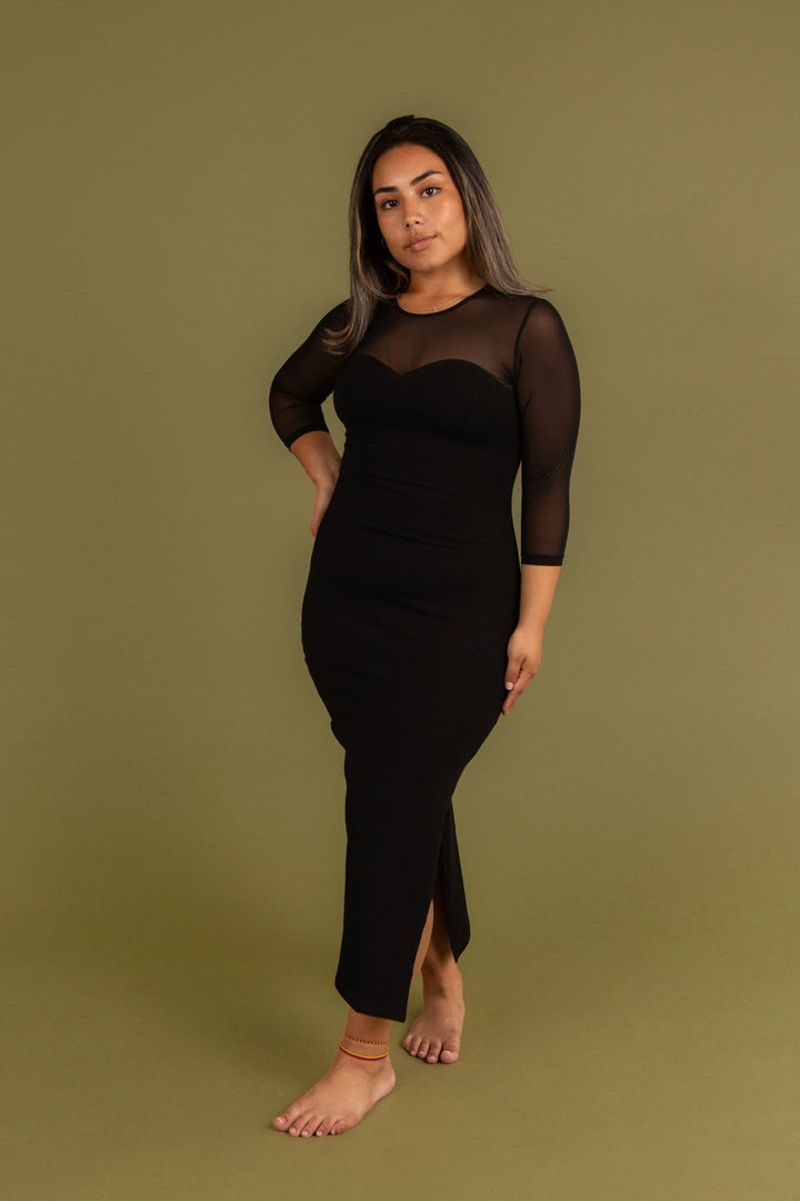 Kupu Long Sleeved Midi Dress in Black and Mesh - Petite - Manners London