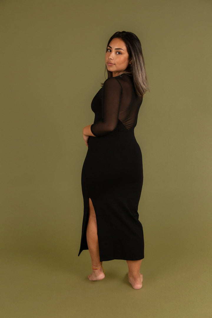 Kupu Long Sleeved Midi Dress in Black and Mesh - Petite - Manners London