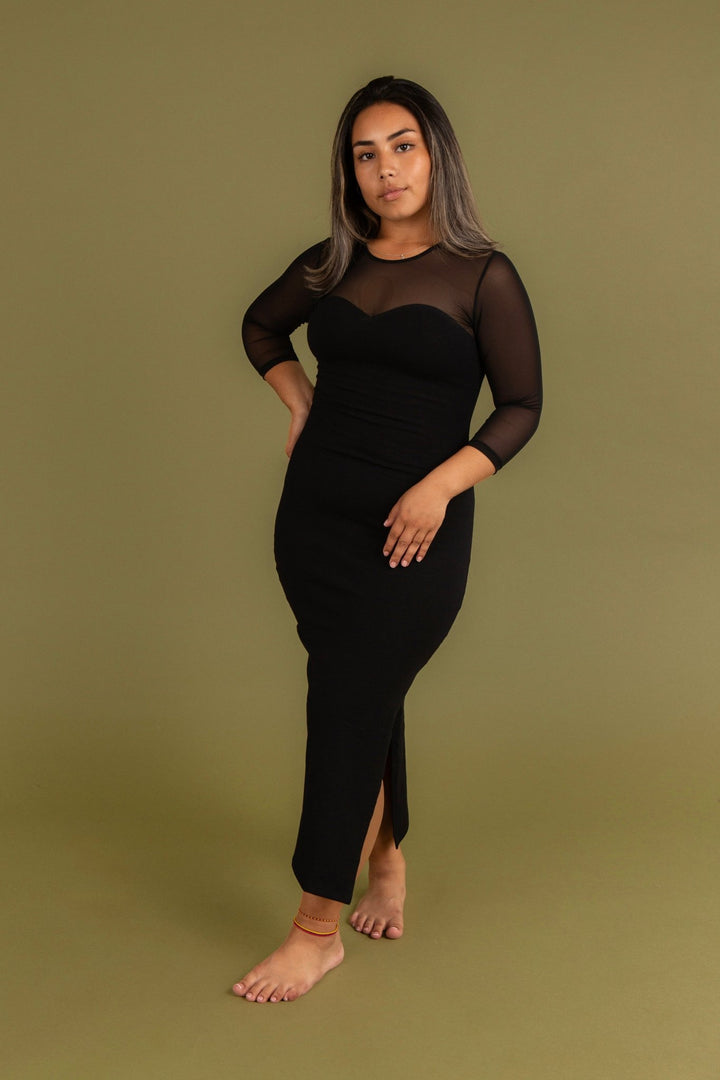 Kupu Long Sleeved Midi Dress in Black and Mesh - Petite - Manners London