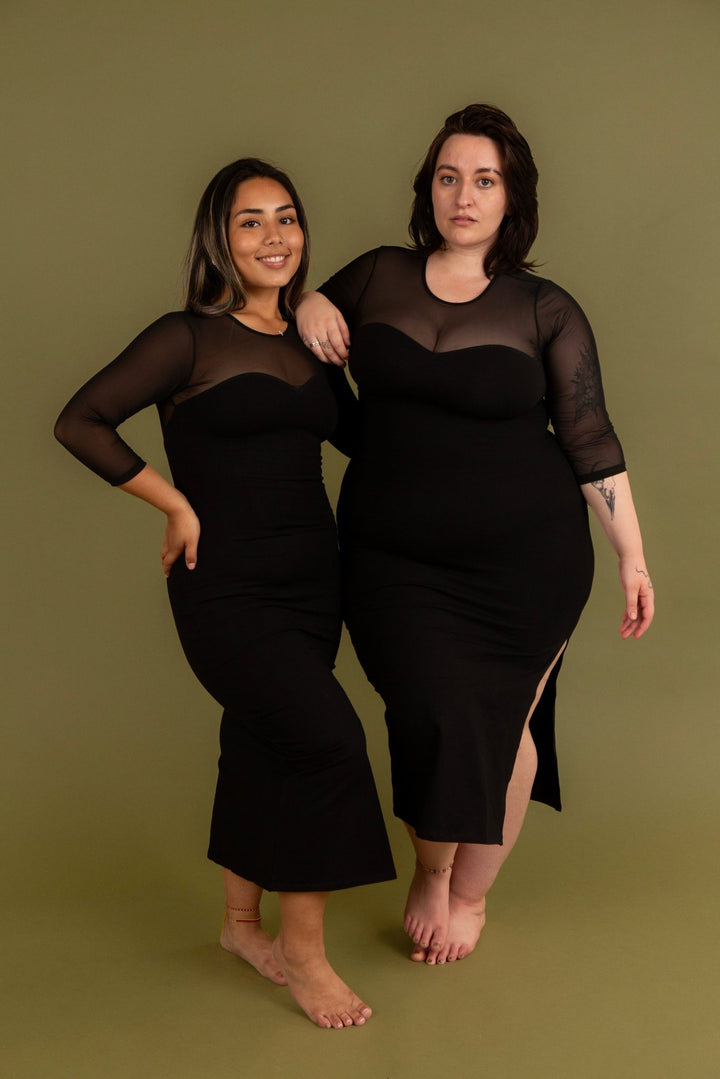 Kupu Long Sleeved Midi Dress in Black and Mesh - Petite - Manners London