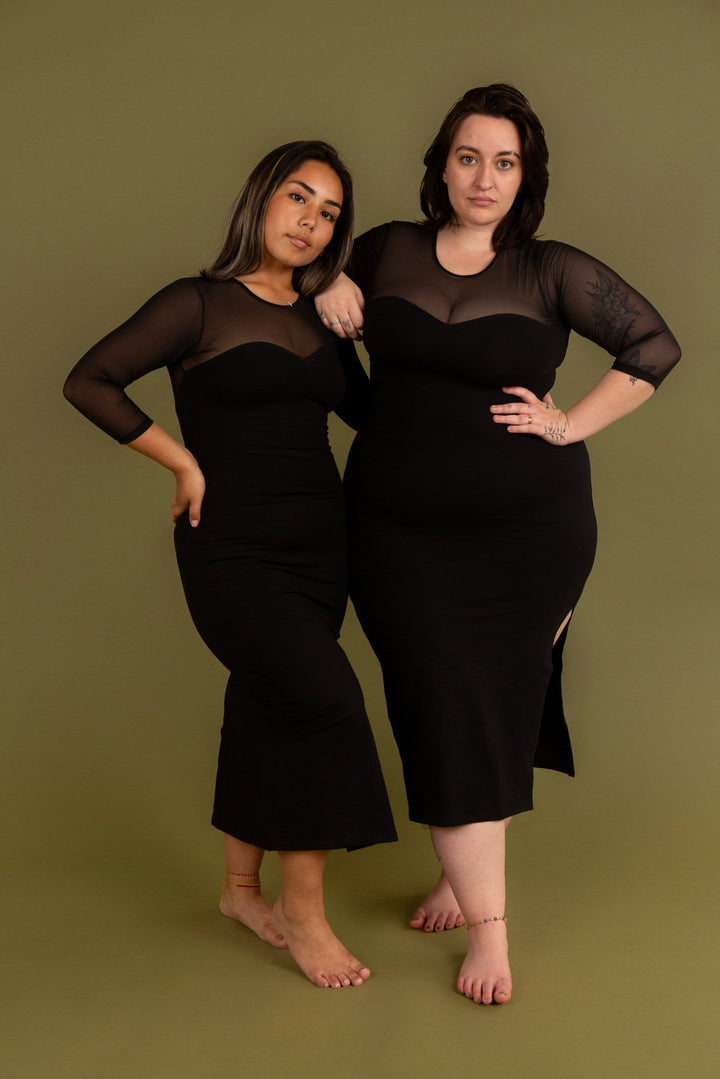 Kupu Long Sleeved Midi Dress in Black and Mesh - Petite - Manners London