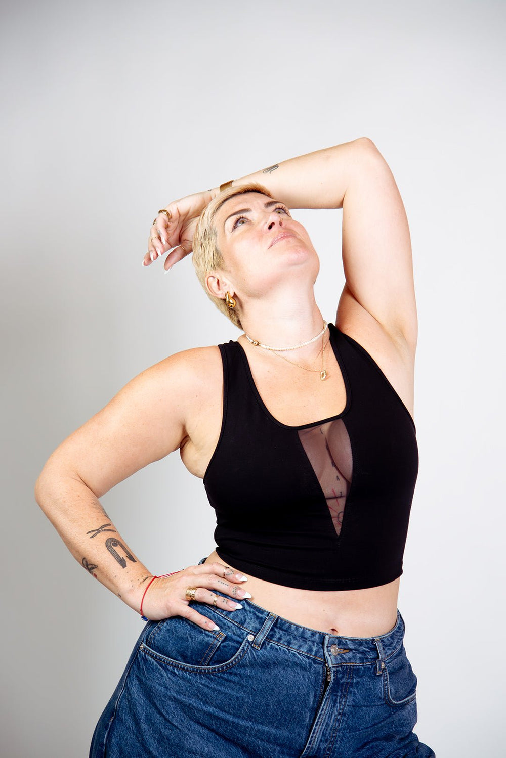 Mesh V - Neck Crop Top sleeveless in Black - Manners London