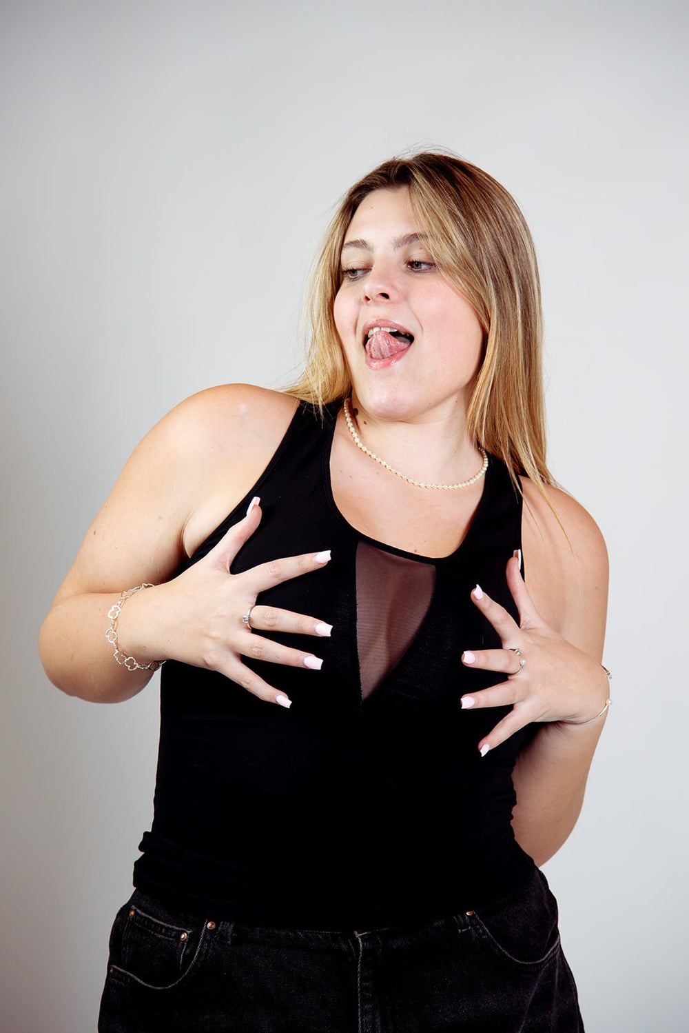 Mesh V - Neck Full Length Top sleeveless in Black - Manners London