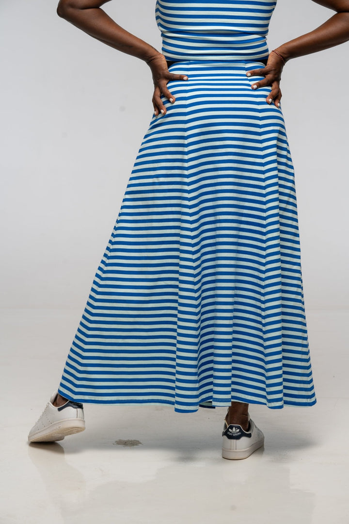 Popper Skirt Midi in Blue / Mint Stripe - Manners London