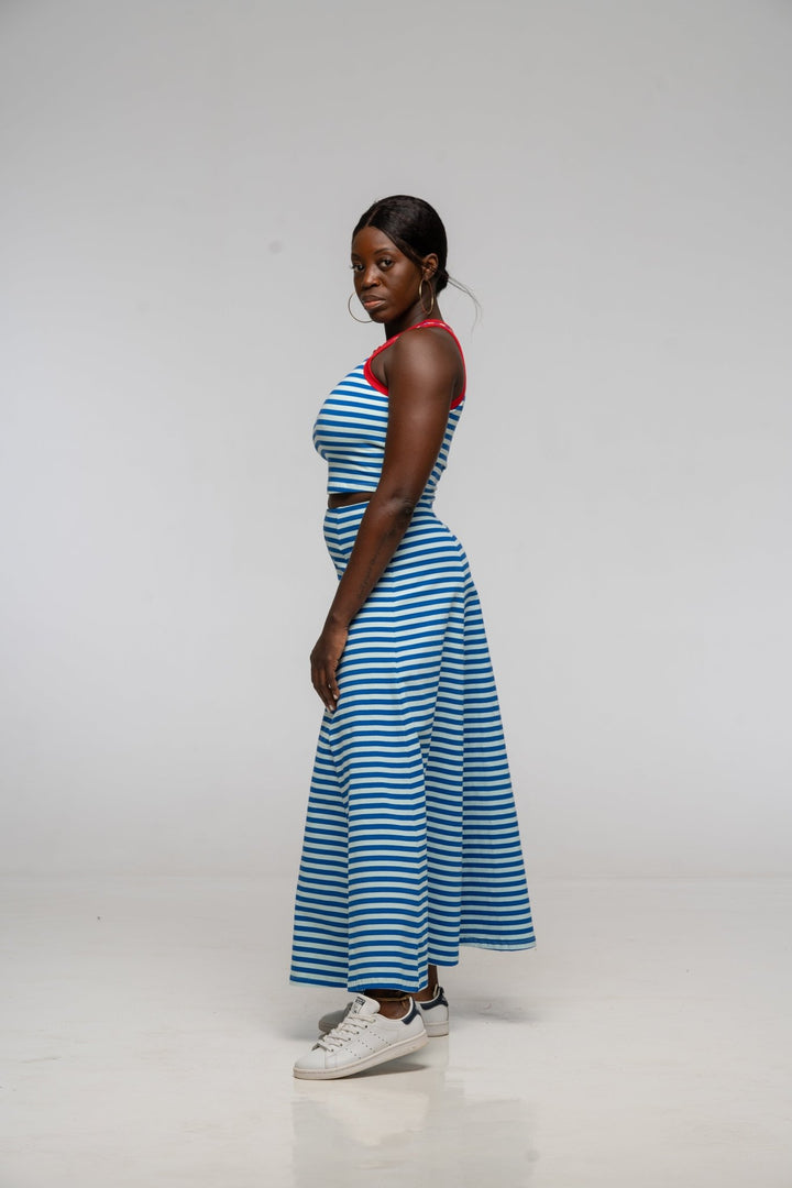 Popper Skirt Midi in Blue / Mint Stripe - Manners London