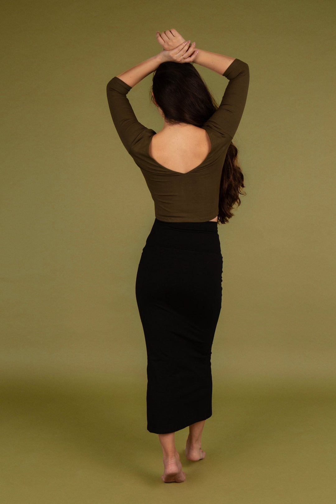 Reversible V - neck Crop Top 3/4 sleeve in Khaki Green - Manners London