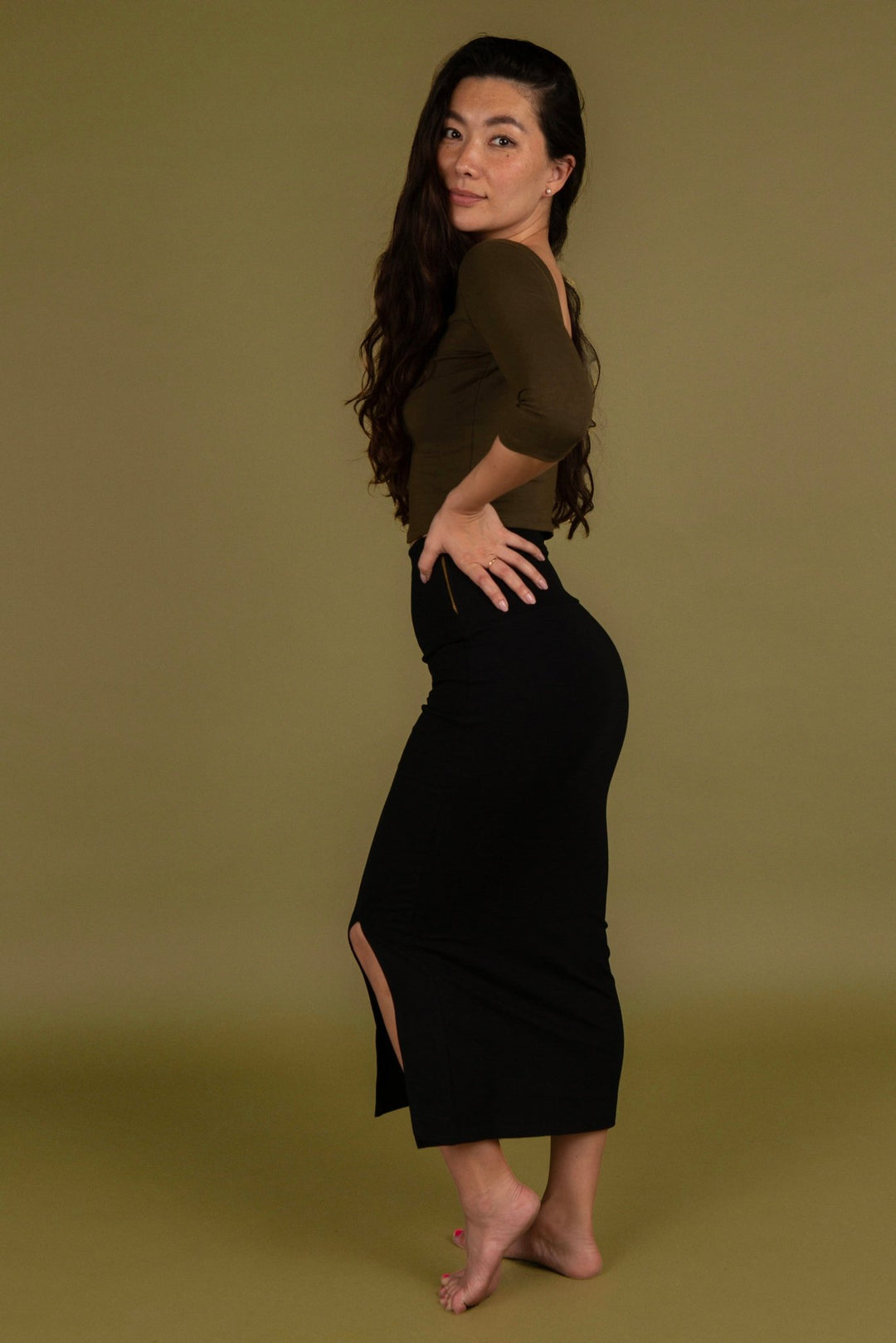 Reversible V - neck Crop Top 3/4 sleeve in Khaki Green - Manners London