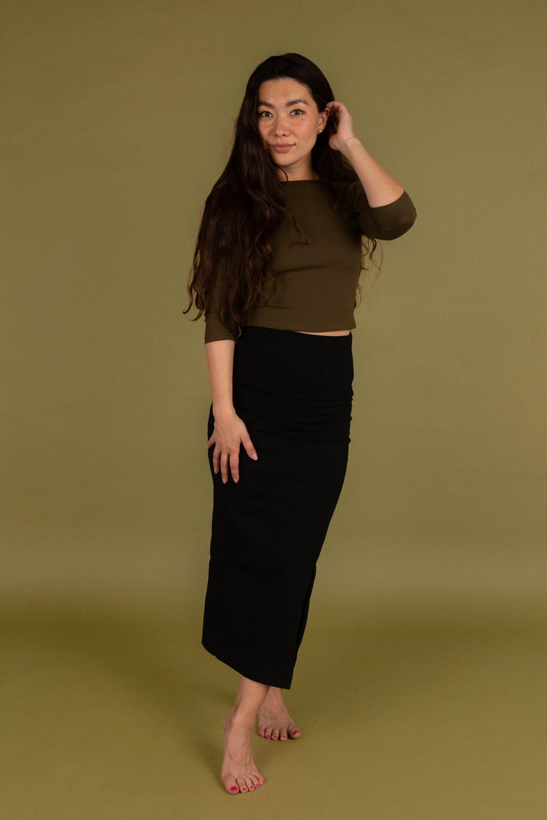 Reversible V - neck Crop Top 3/4 sleeve in Khaki Green - Manners London
