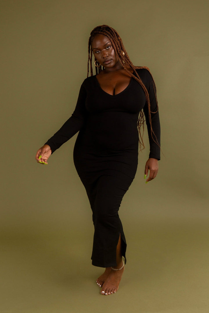 Reversible V - neck Midi Dress in Black - Manners London