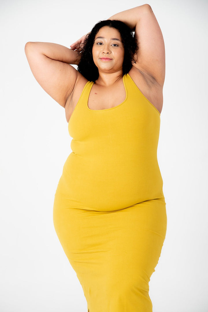 Shinni Neck Midi Dress In Mustard Seed - Manners London