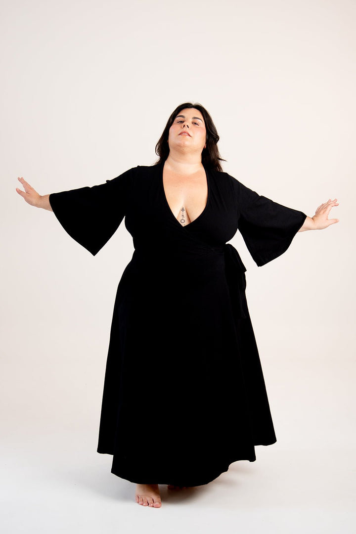 Wide Sleeves Wrap Midi Dress In Black - Manners London