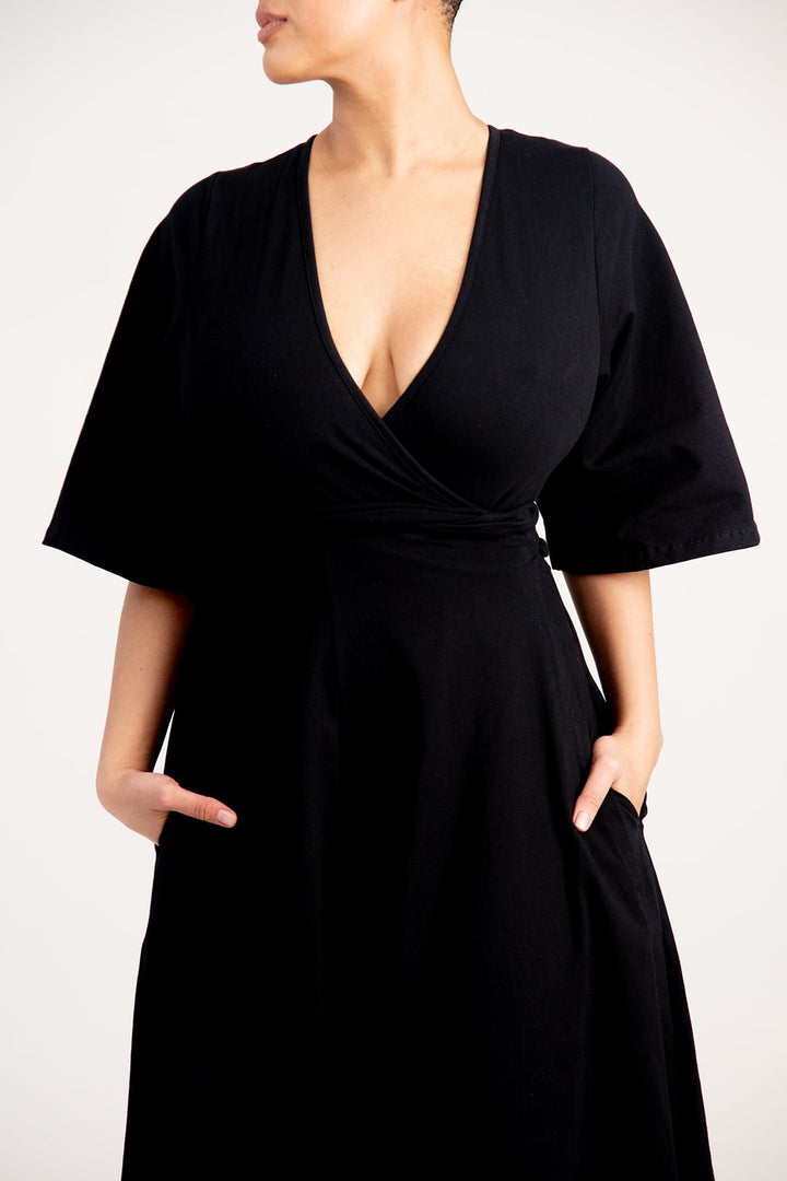 Wide Sleeves Wrap Midi Dress In Black - Manners London