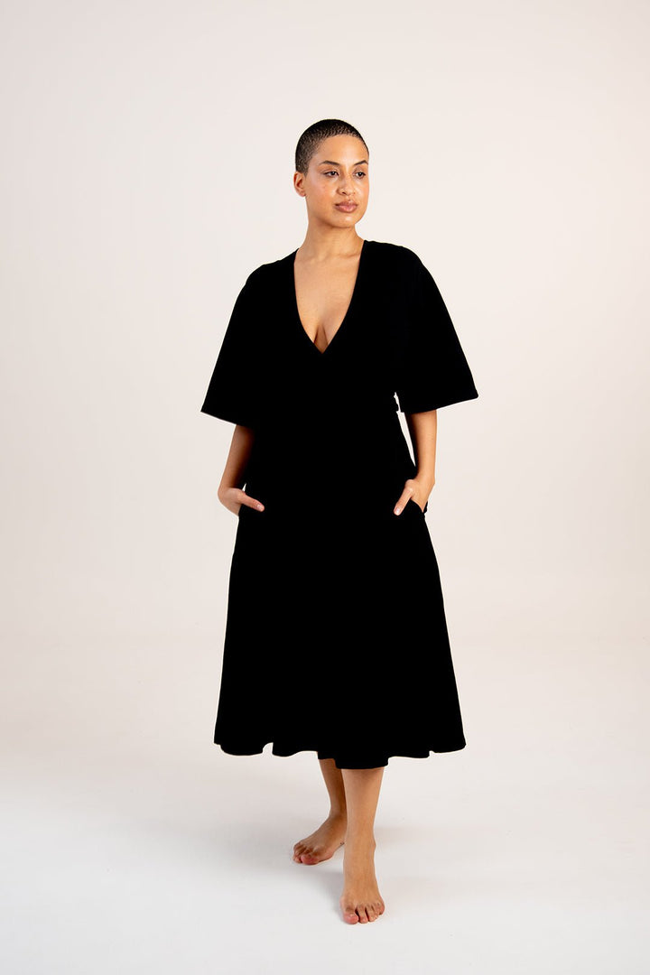 Wide Sleeves Wrap Midi Dress In Black - Manners London