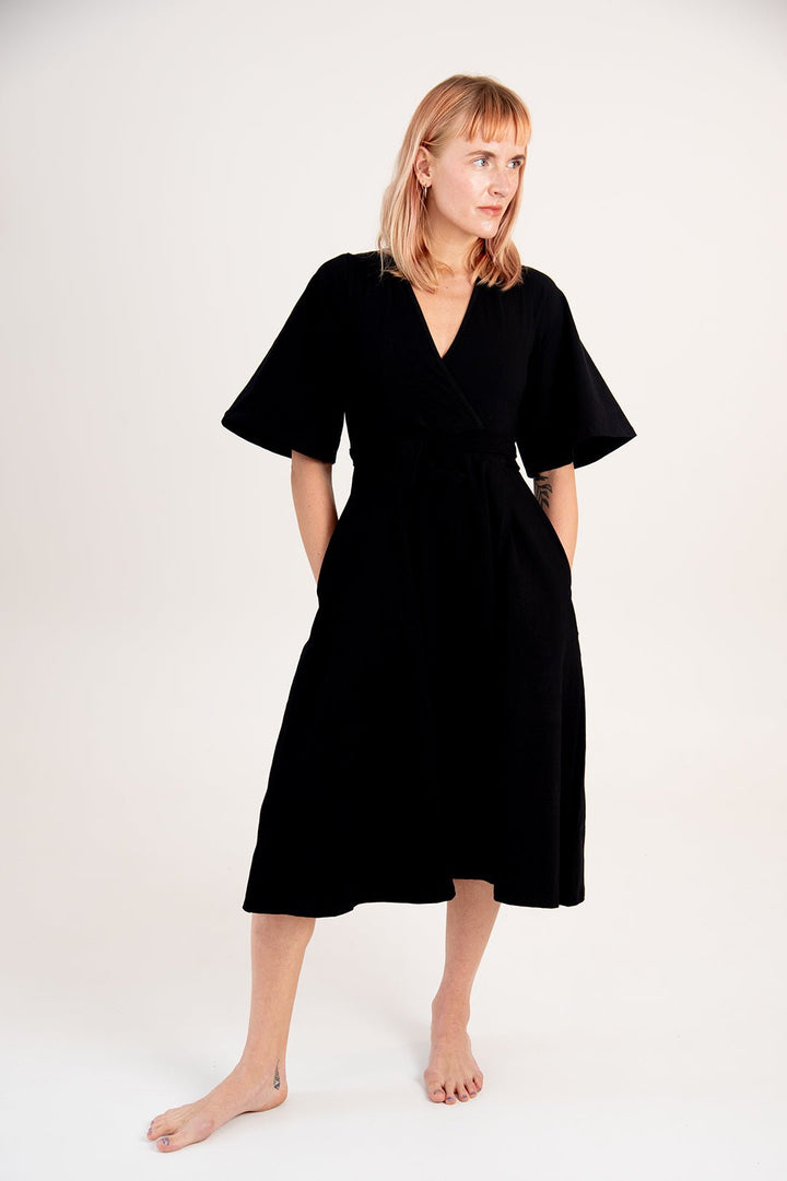 Wide Sleeves Wrap Midi Dress In Black - Manners London