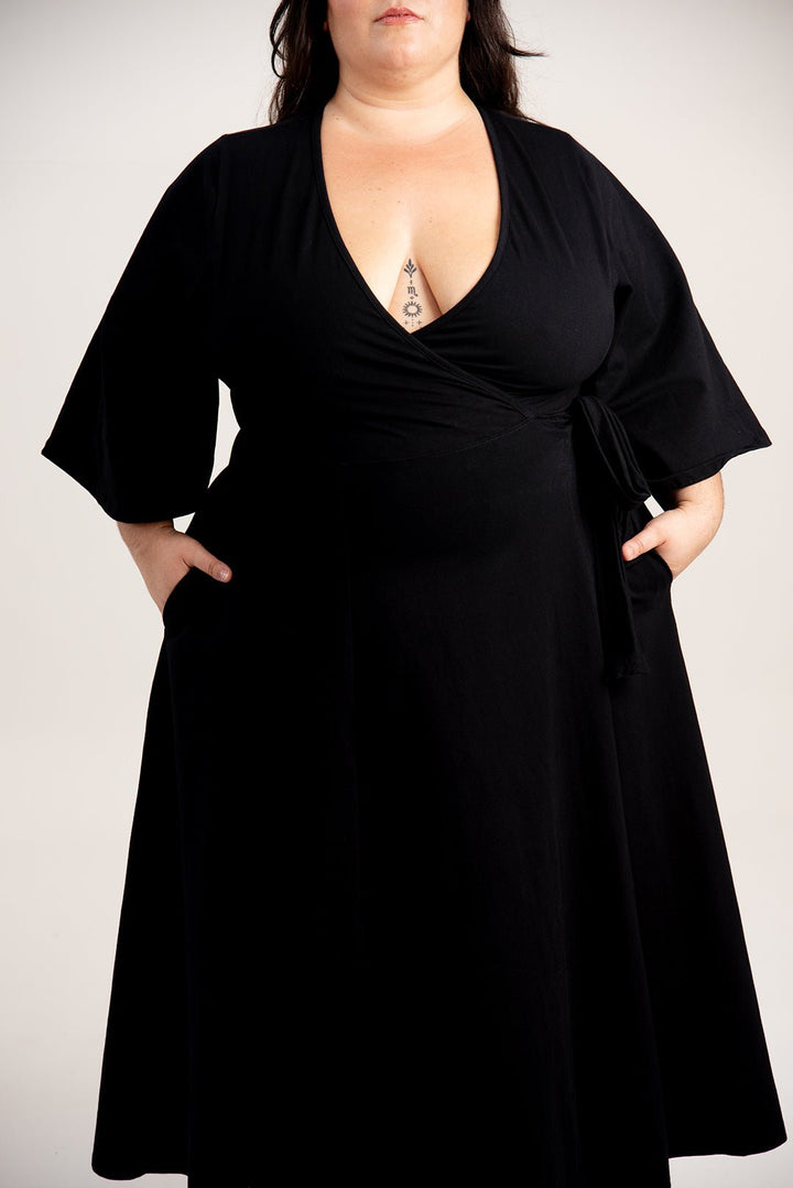 Wide Sleeves Wrap Midi Dress In Black - Manners London