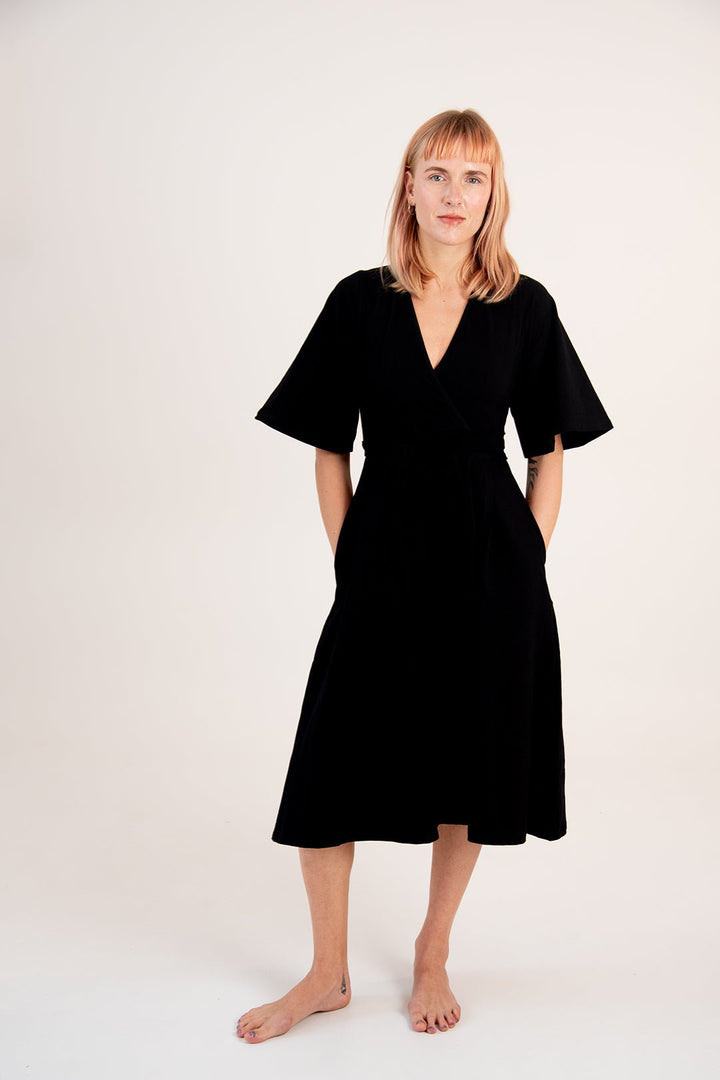 Wide Sleeves Wrap Midi Dress In Black - Manners London