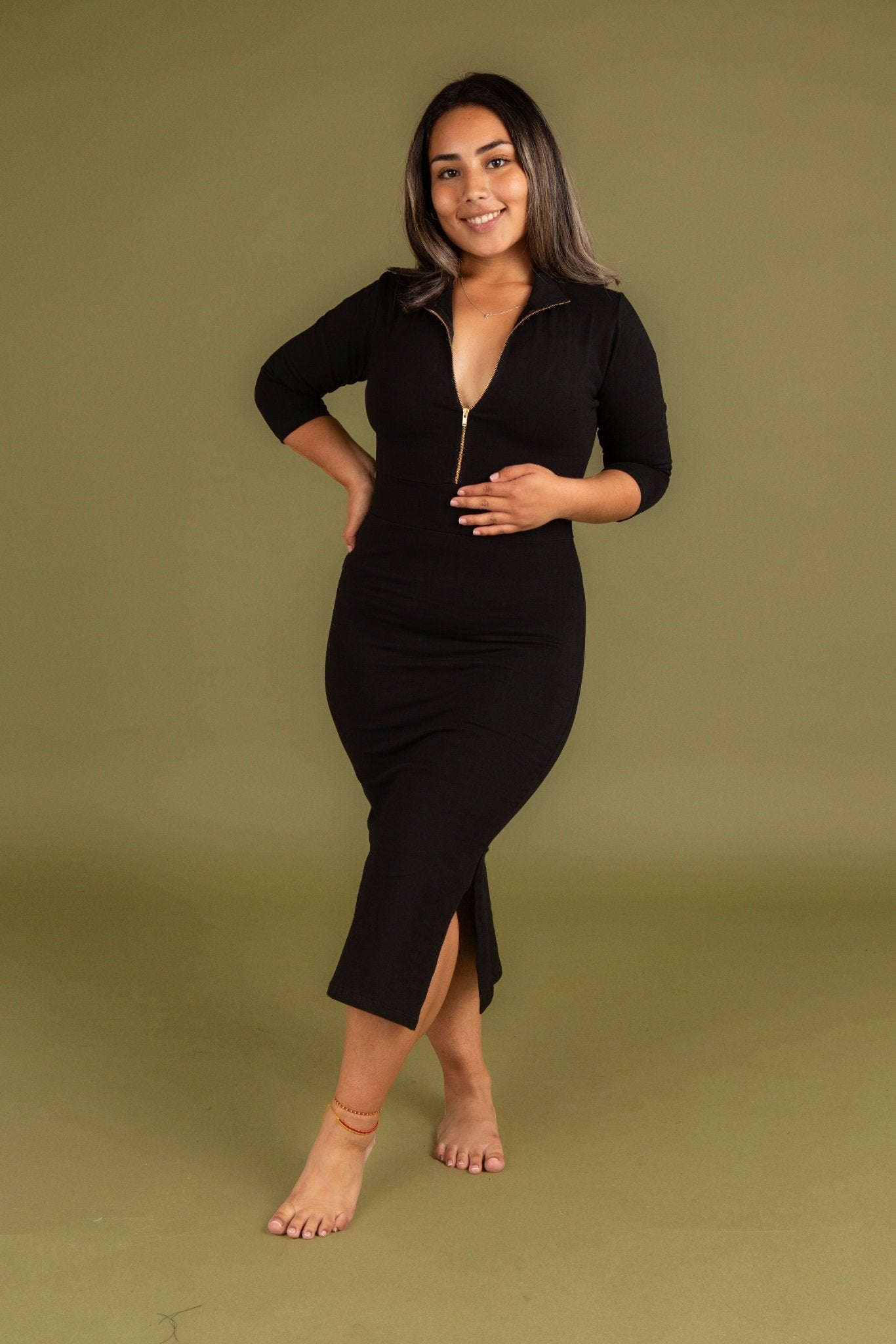 Zip Midi Dress 3/4 Sleeve Petite in Black