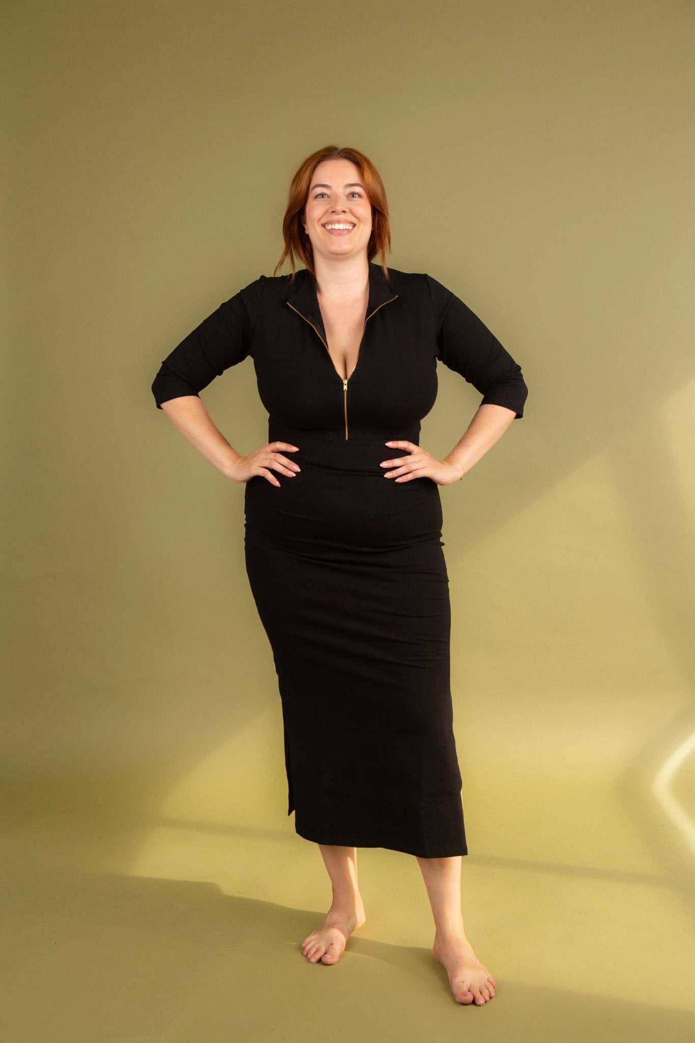 Zip Midi Dress 3/4 Sleeve in Black