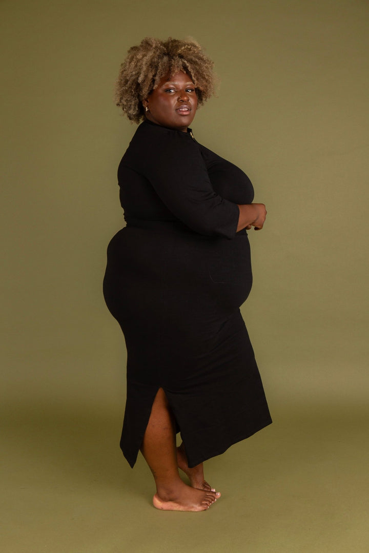 Zip Midi Dress 3/4 Sleeve in Black - Manners London