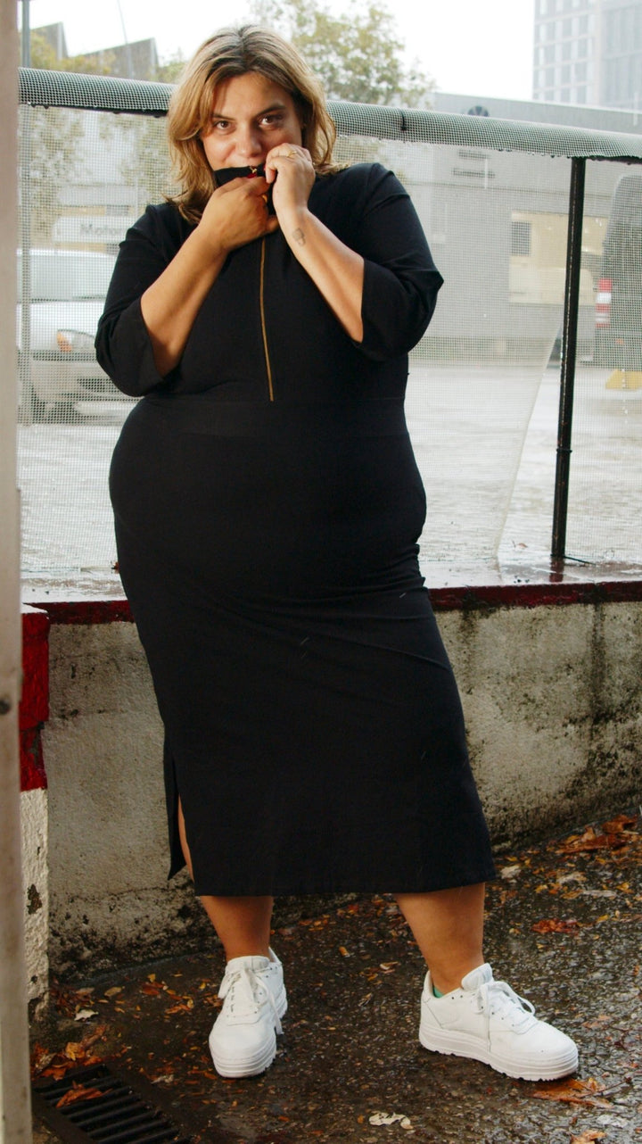 Zip Midi Dress 3/4 Sleeve in Black - Manners London